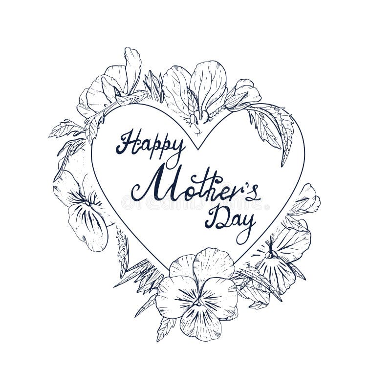 Monochrome hand lettering text happy mother s day decorated with line art vintage pansy flowers stock vector