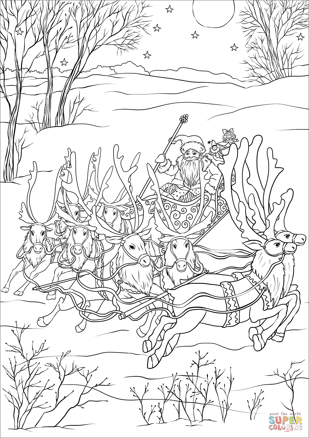 Miniature sleigh eight tiny reindeer and st nickolas coloring page free printable coloring pages