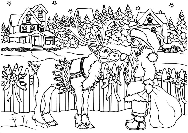 Vintage drawing of santa claus with one of his faithful reindeer in the background a little vilâ santa coloring pages coloring pages christmas coloring pages