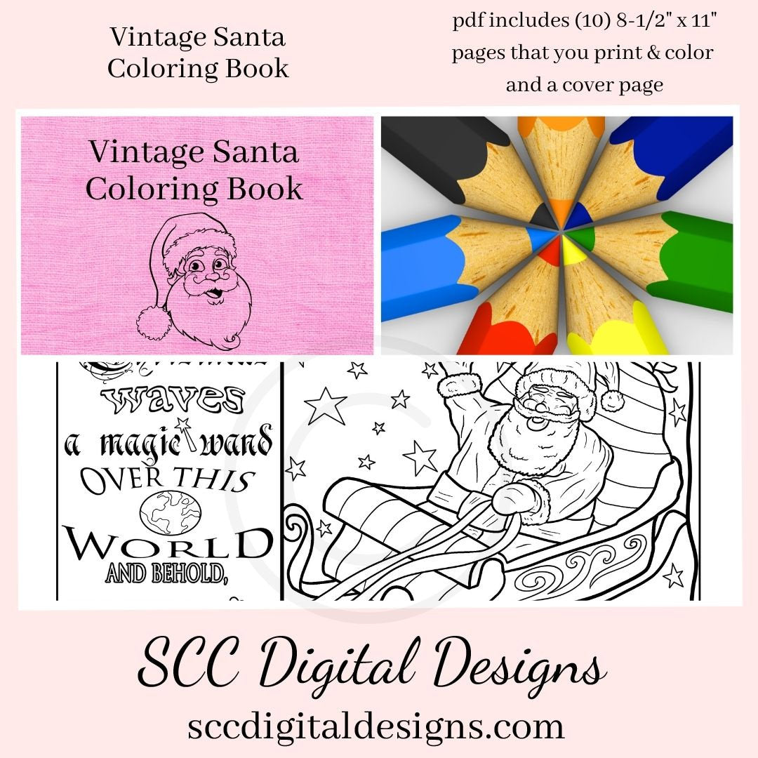 Vintage santas printable coloring book christmas trees xmas scene â scc digital designs