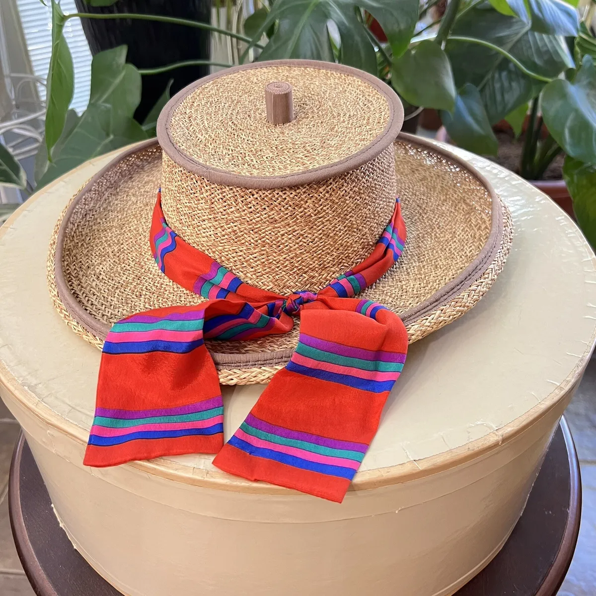 Vintage kokin new york straw sun hat with multi color srf wide brim rare