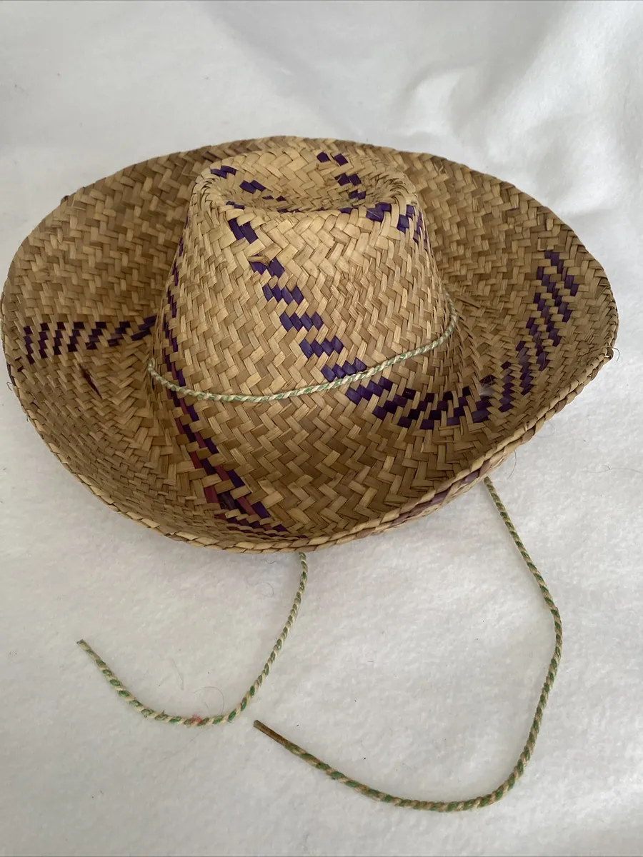 Vintage set of small mexican style straw hat color stripe string tan wide brim