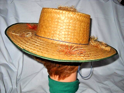 Vintage straw hat with wispy straw salmon color flowers sun shade women ladies