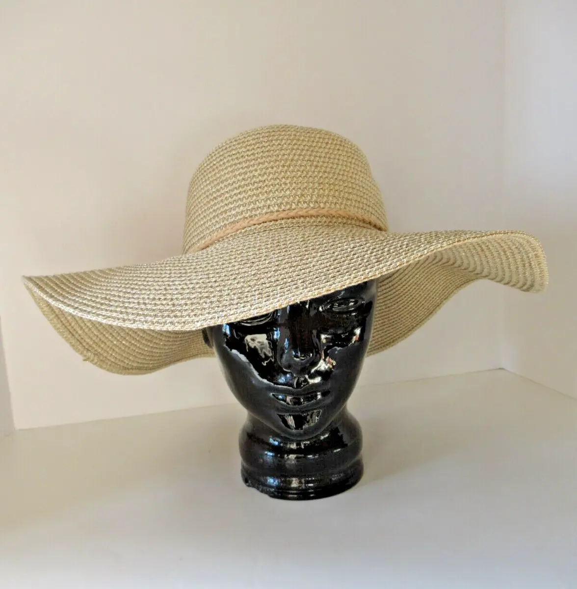 Vintage straw hat natural with gold womens floppy style beige suede braided band