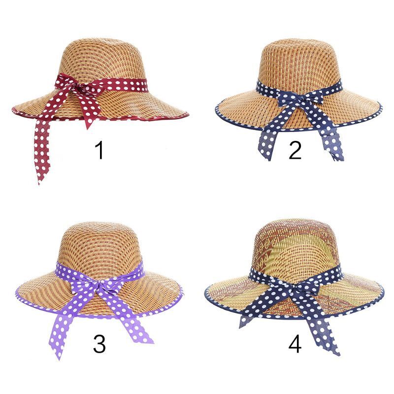 Women vintage country style summer straw for sun hat contrast color dot pr