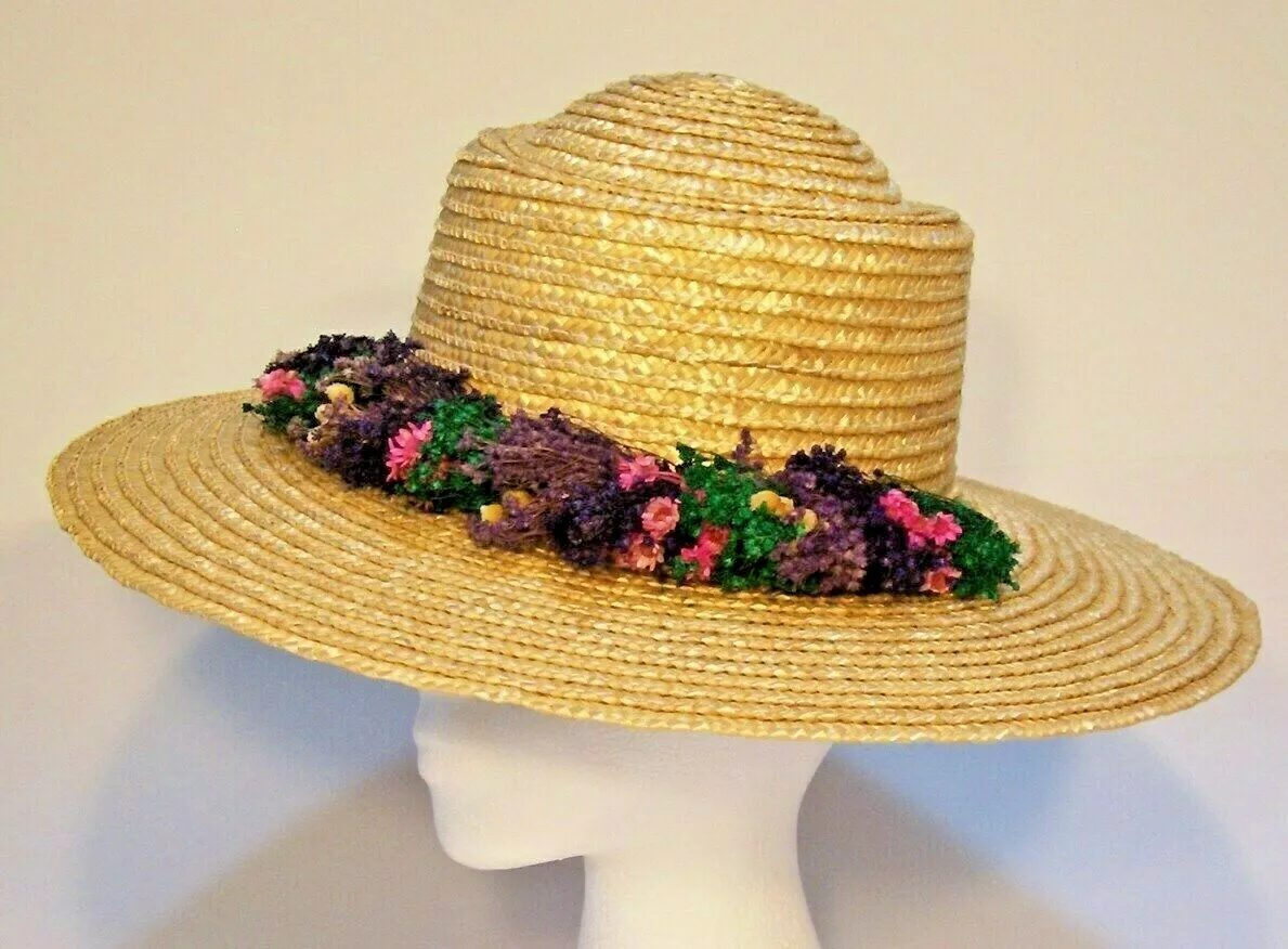 Rare vintage ladies straw color straw hat with dried flowers pristine condition