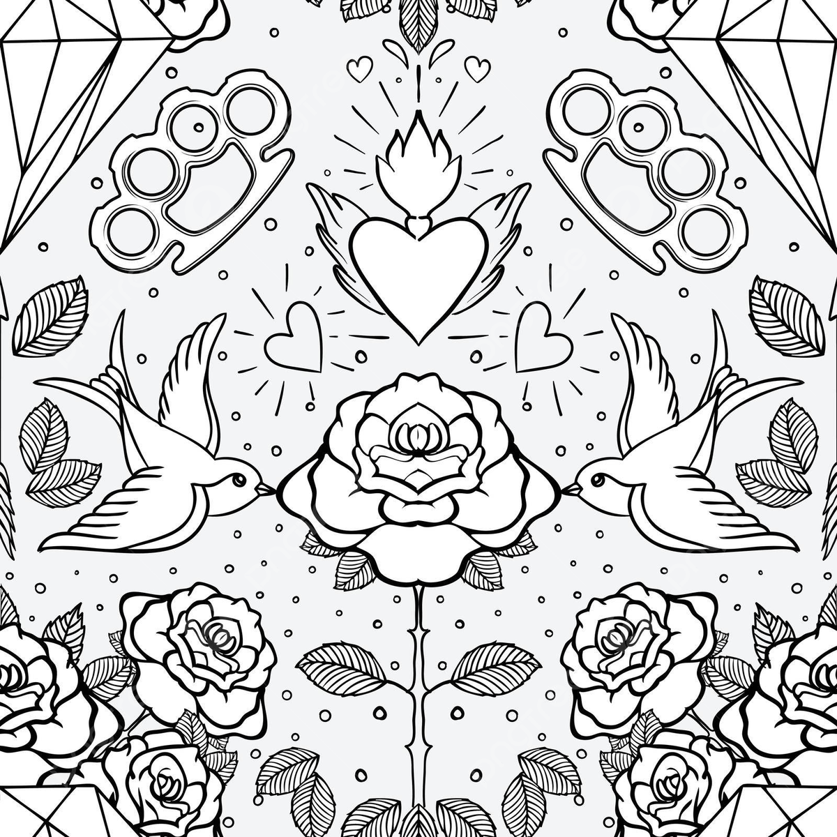 Vintage tattoo pattern with flower heart diamond swallowknuckles vector sketch decorative love png and vector with transparent background for free download