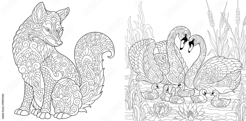 Coloring page adult coloring book wild fox animal swan birds couple for valentines or family day vintage greeting card antistress freehand sketch collection with doodle and zentangle elements vector
