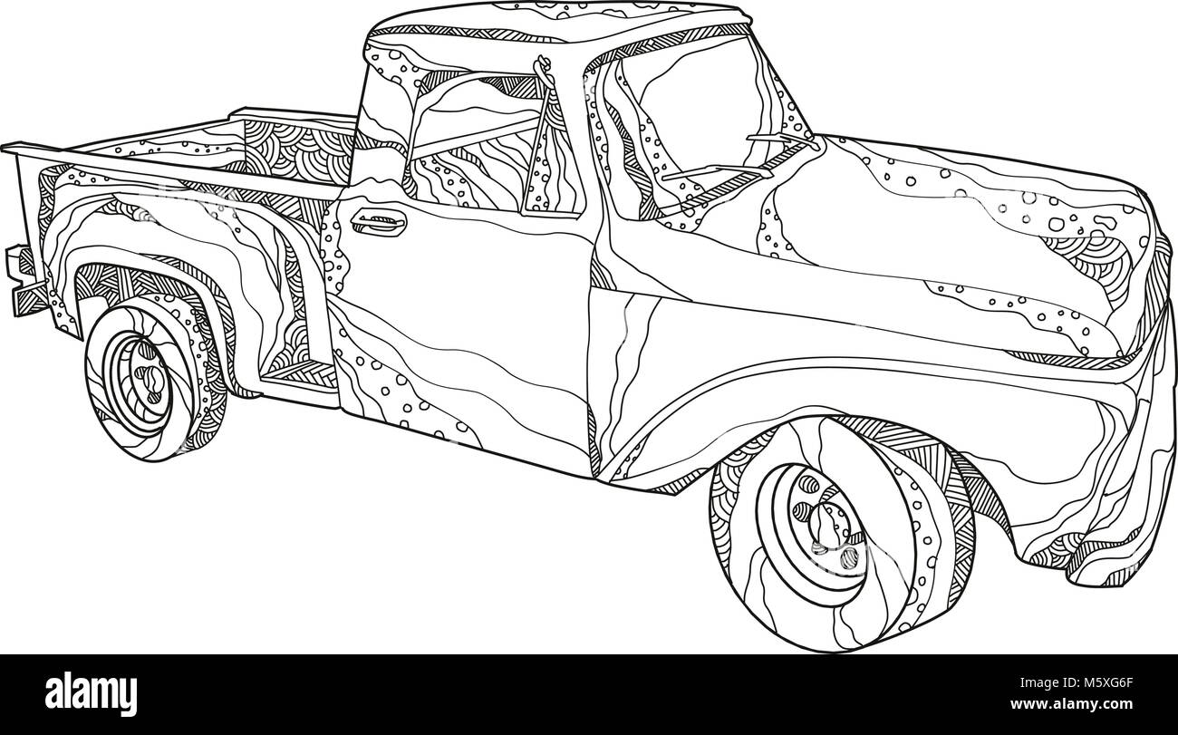 Doodle art illustration of a vintage pickup truck a light duty truck with enclosed cab and an open cargo area with low sides and tailgate done in man stock vector image