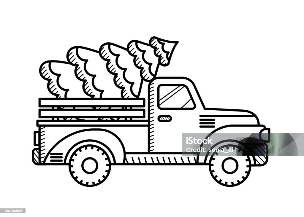 Christmas pickup truck coloring page for kids stock illustration