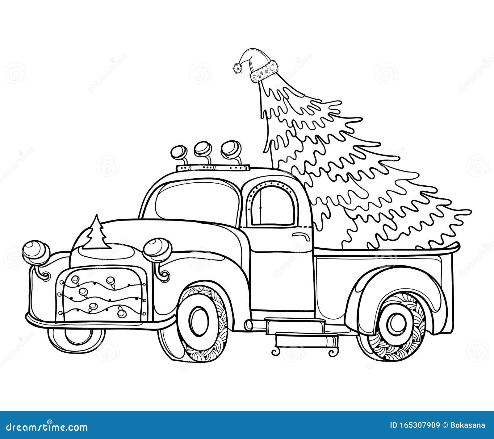 Vector drawing of outline vintage old pickup truck with christmas tree and garland in black isolated on white background stock vector