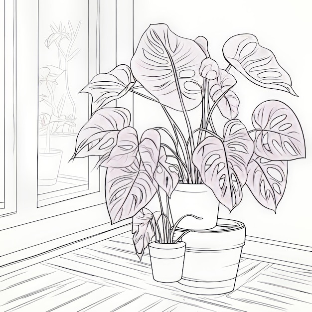 Premium ai image violet coloring page swiss cheese plant in graphic contours