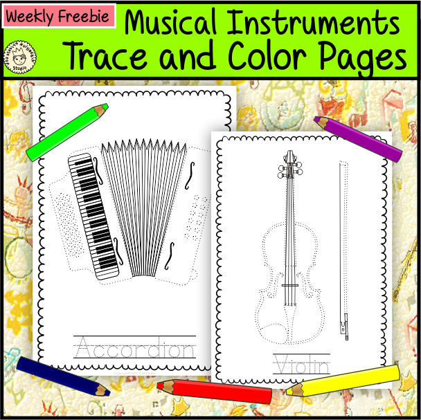 Musical instruments trace and color pages weekly freebies
