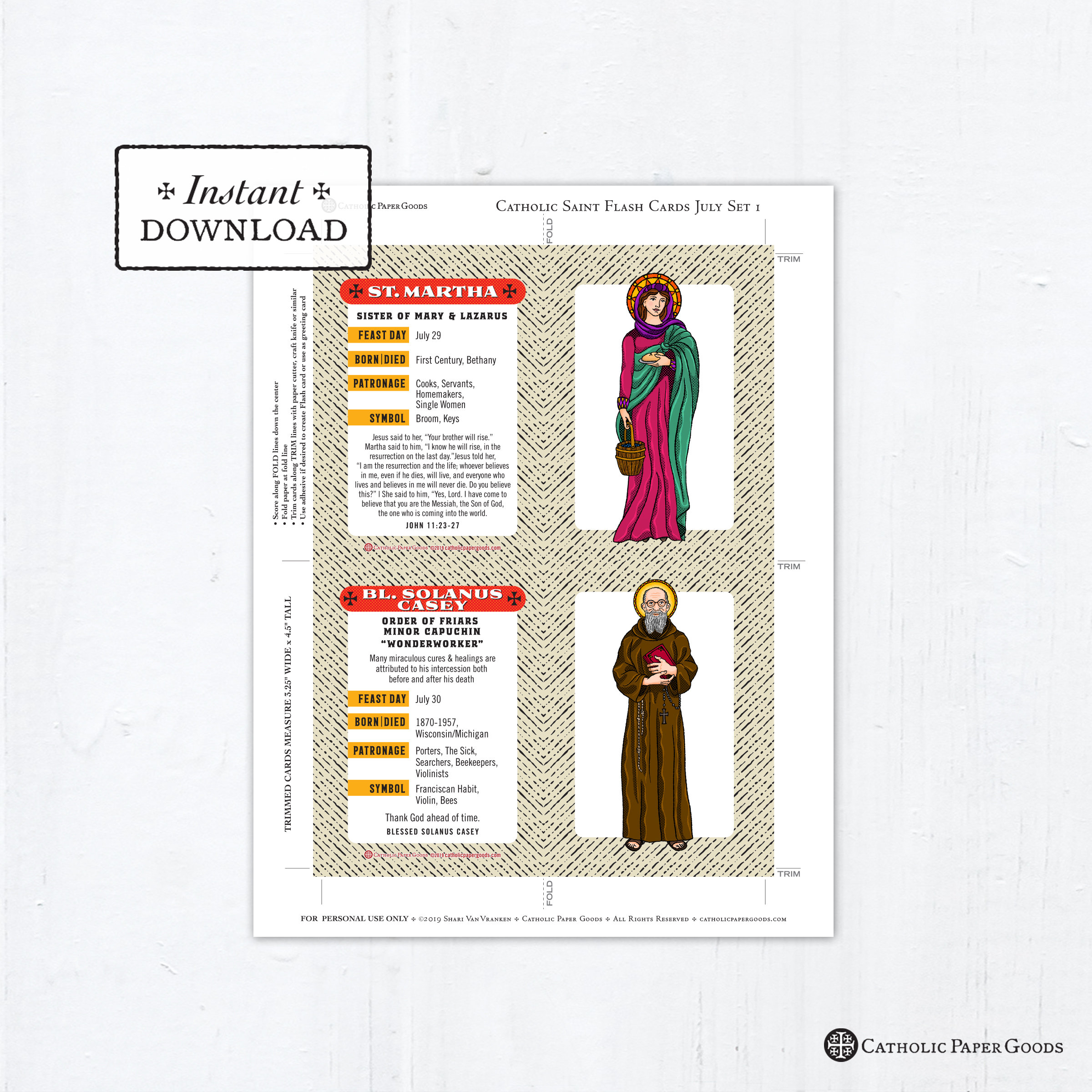 Catholic saint flash cards july set