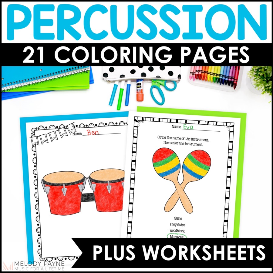 Classroom percussion instruments music coloring pages and worksheets for elementary music