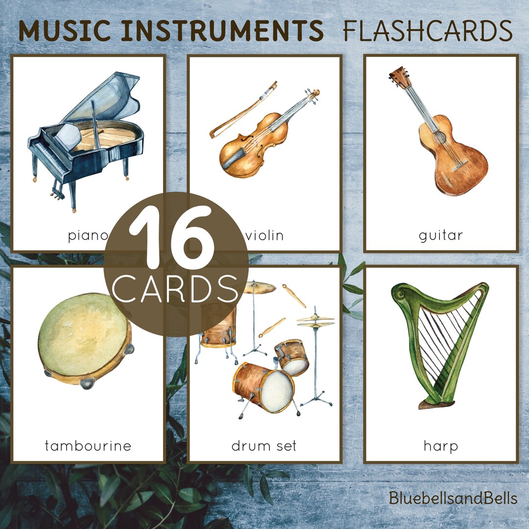 Music instrument flash cards children watercolor printable