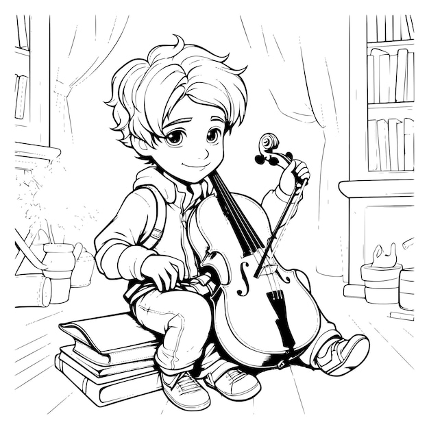 Premium vector boy playing violin coloring pages drawing for kids