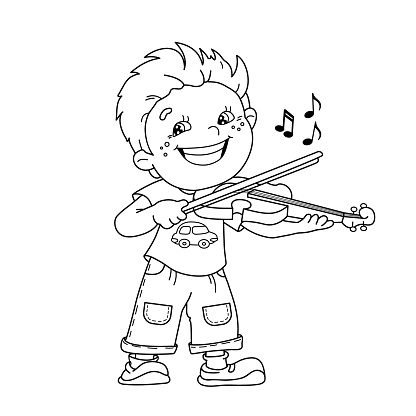 Coloring page outline of cartoon boy playing the violin musical instruments coloring book for kids stock illustration