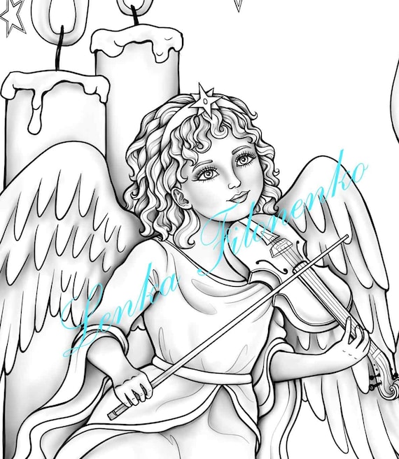 Coloring page for adults christmas vintage angel with violin grey scale pdf download and print