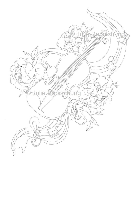 Violin coloring pagesprintable coloring pagedigital coloring pageadult coloring bookfloral coloring page