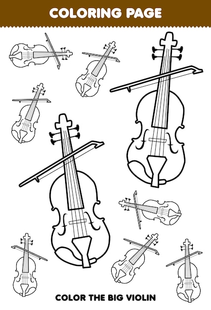 Premium vector education game for children coloring page big or small picture of music instrument violin printable worksheet