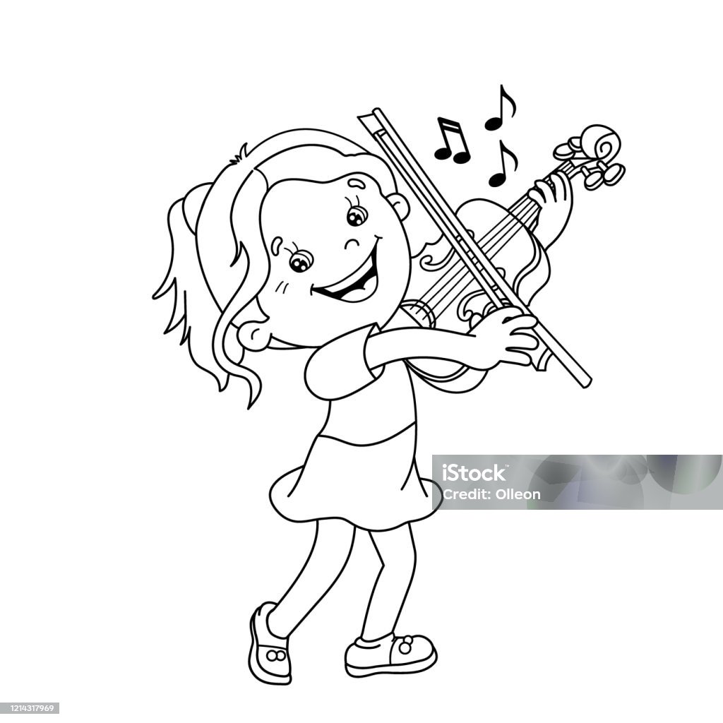 Coloring page outline of cartoon girl playing the violin musical instruments coloring book for kids stock illustration