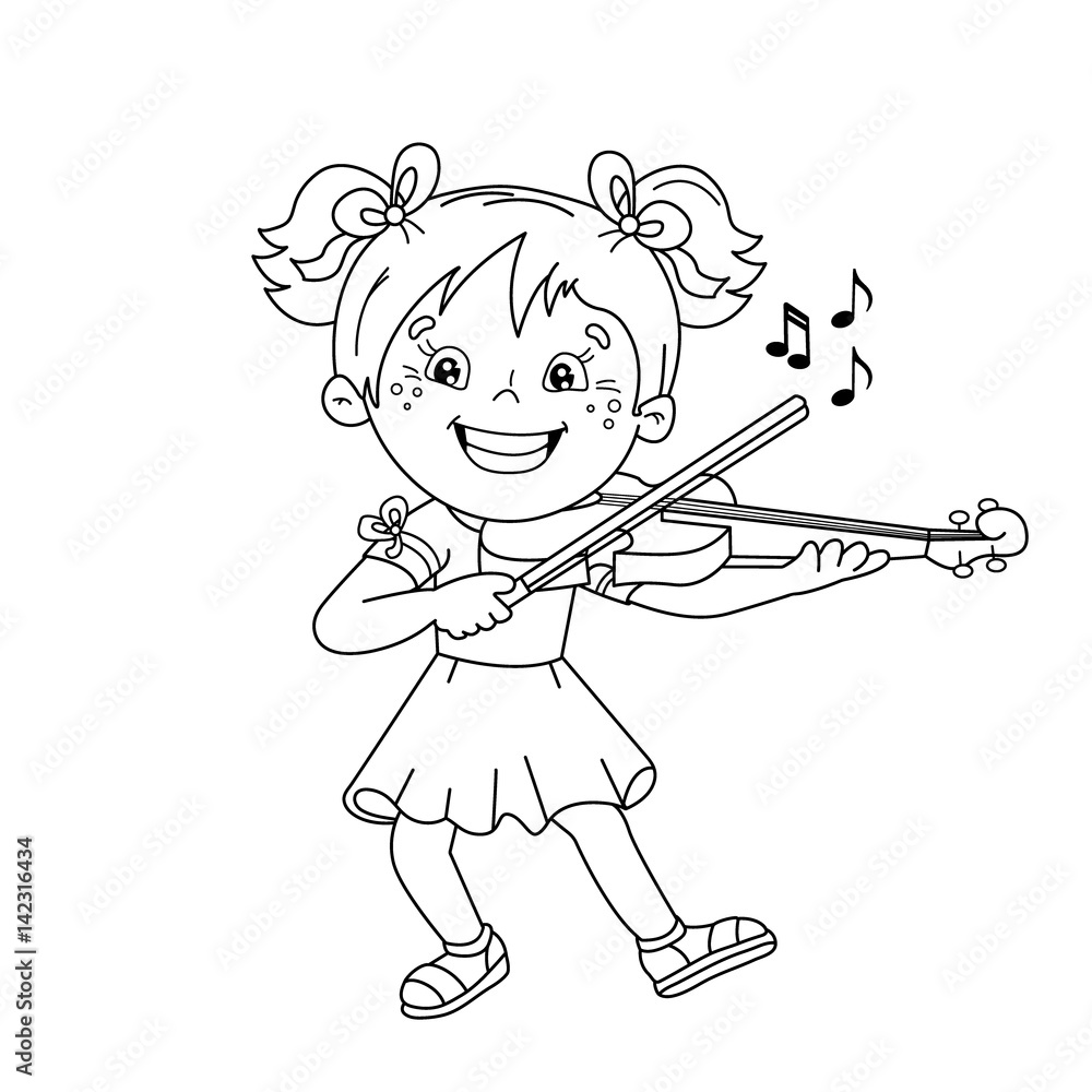 Coloring page outline of cartoon girl playing the violin musical instruments coloring book for kids vector