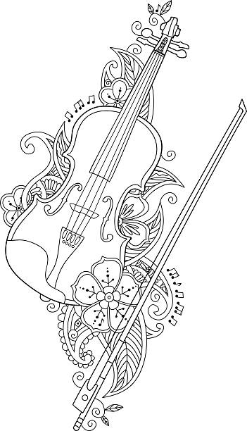 Coloring page violin and bow with flowers leafs in stock illustration