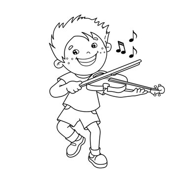 Coloring page outline of cartoon boy playing the violin musical instruments coloring book for kids vector