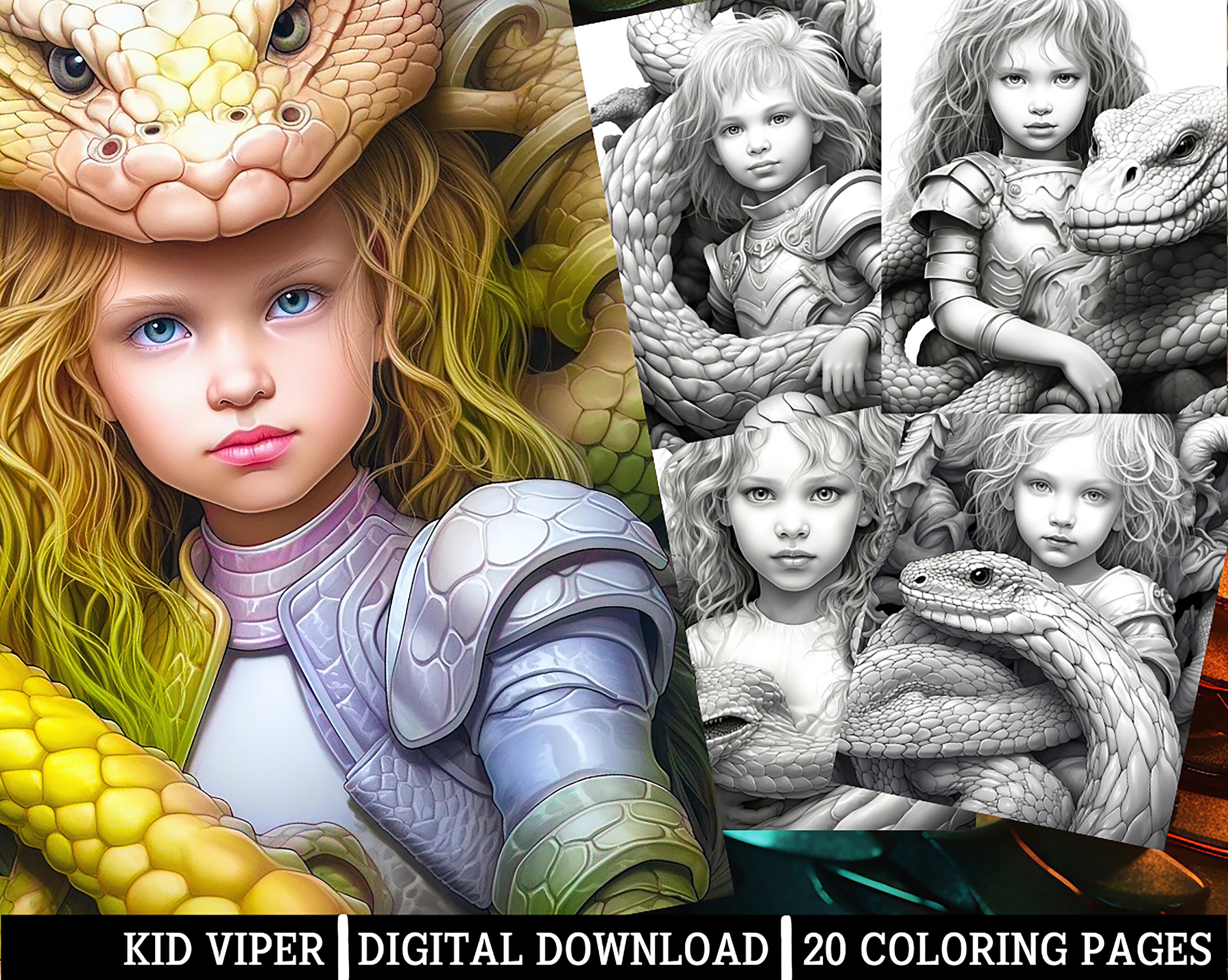 Kid viper coloring pages for adults instant download grayscale coloring page printable pngjpeg fantasy themed girls with snakes artworks