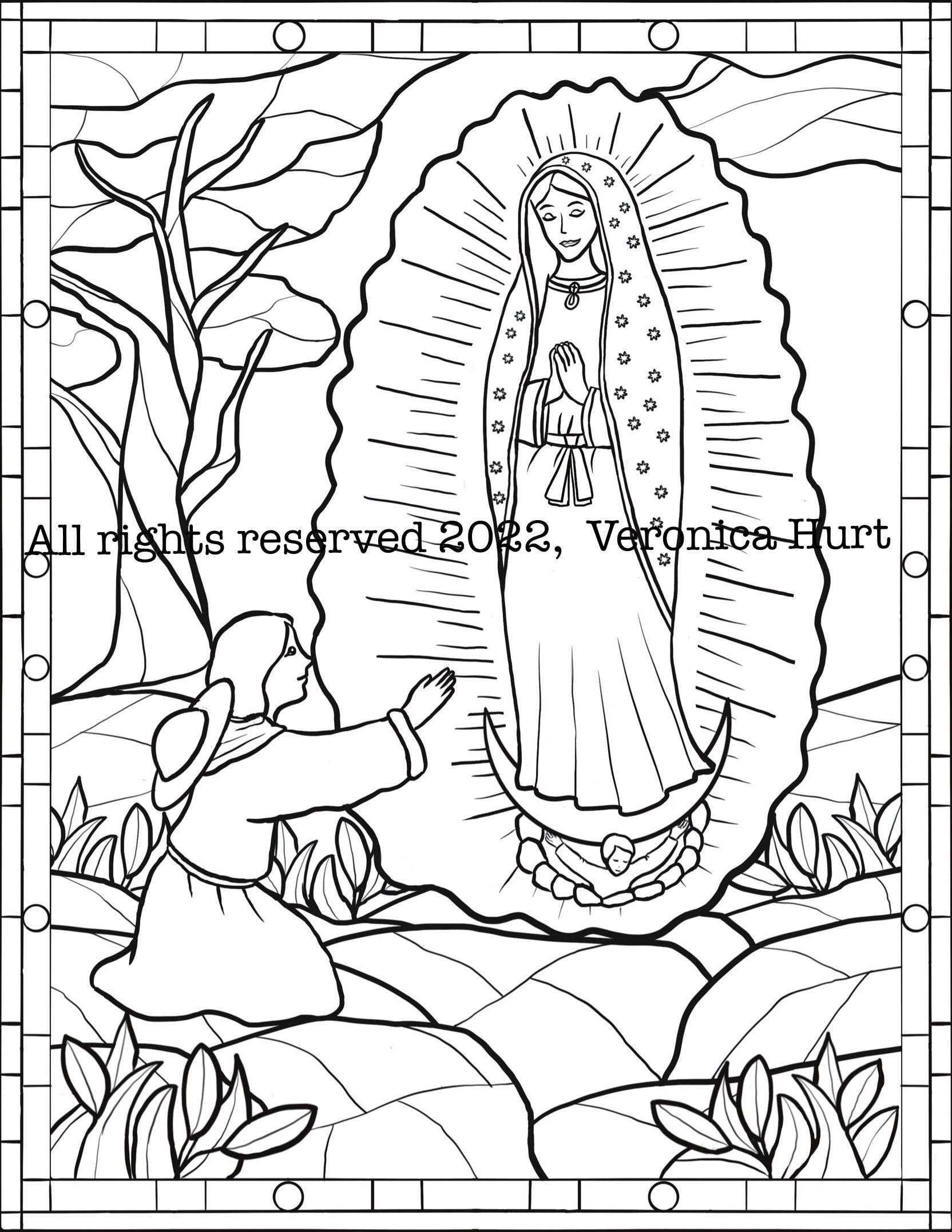 Saint juan diego and our lady of guadalupe coloring page december saint feast day stained glass style for kids and adults