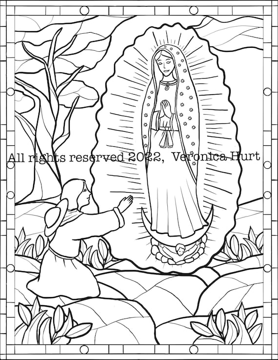 Saint juan diego and our lady of guadalupe coloring page december saint feast day stained glass style for kids and adults