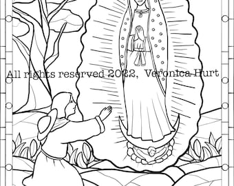 Saint juan diego and our lady of guadalupe coloring page december saint feast day stained glass style for kids and adults