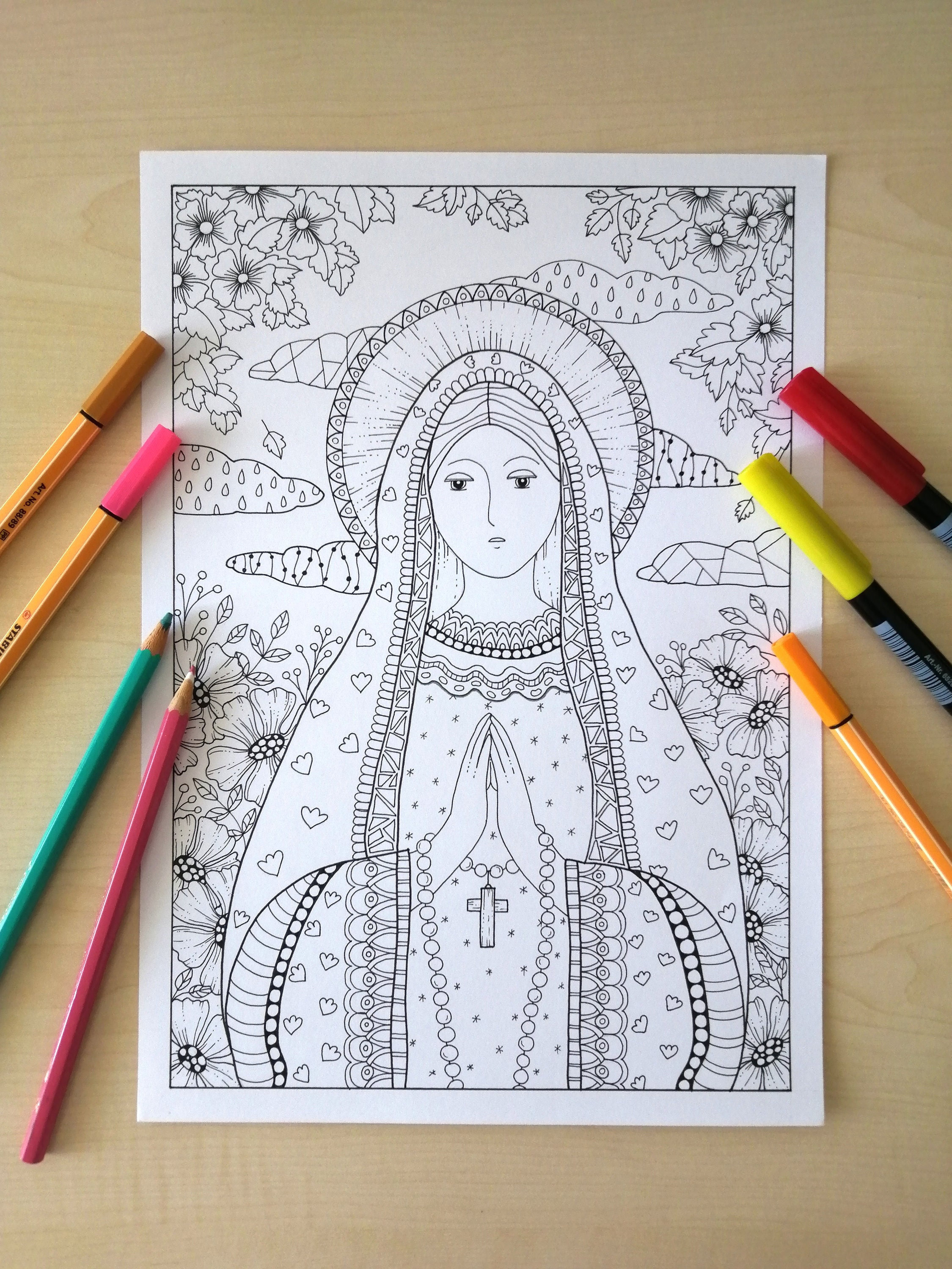 Virgin mary blessed with rosary coloring page for adults instant download catholic art bibartworkshop