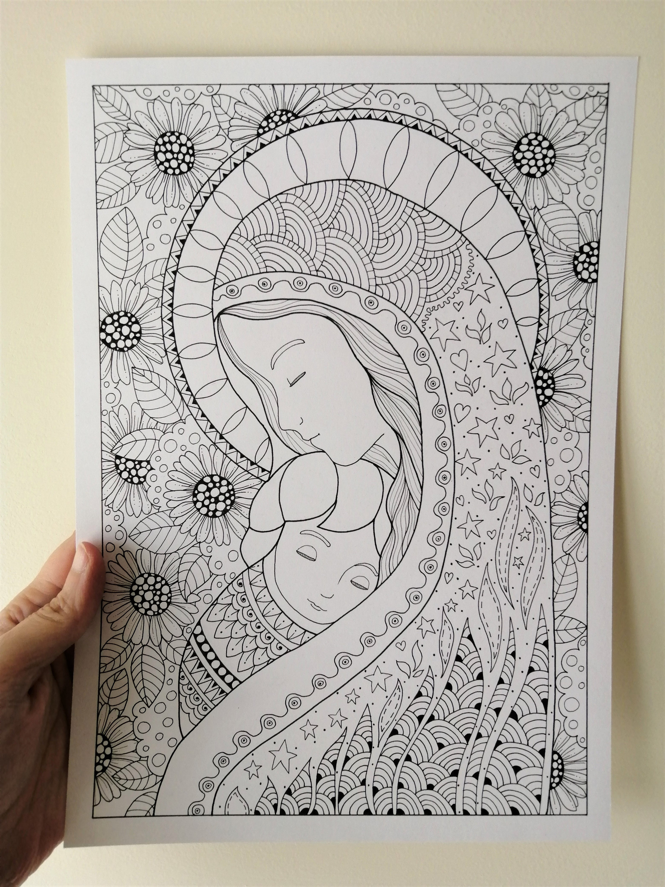 Virgin mary with the baby jesus coloring page for adults instant downloadchristian theme bibartworkshop