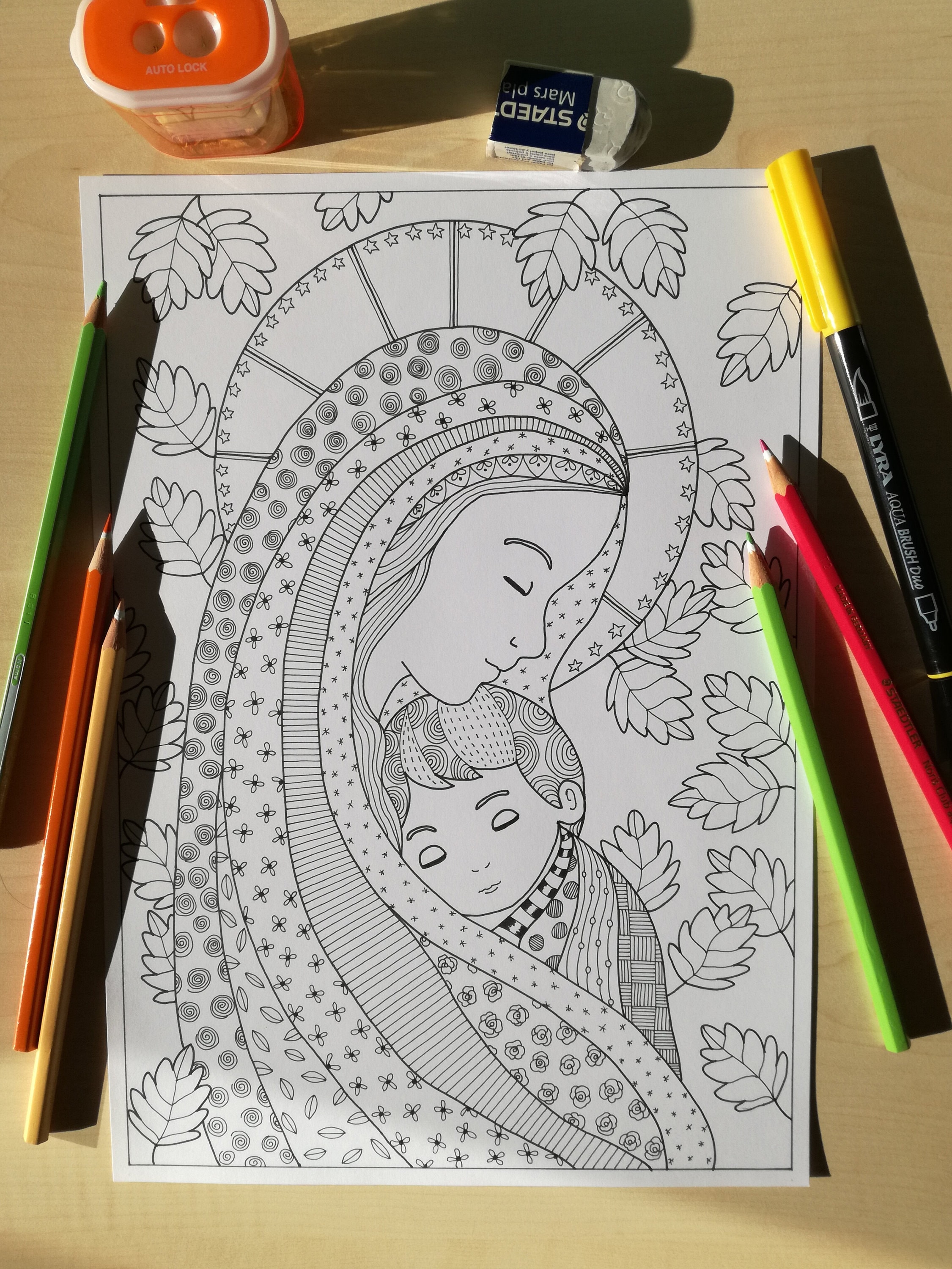 Virgin mary with the baby jesus coloring page for adults jpg printable doodle art instant download catholic art bibartworkshop