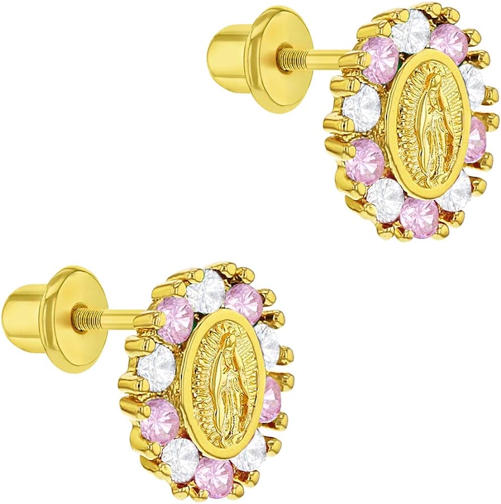 Gold plated our lady of guadalupe cubic zirconia safety screw back baby earrings