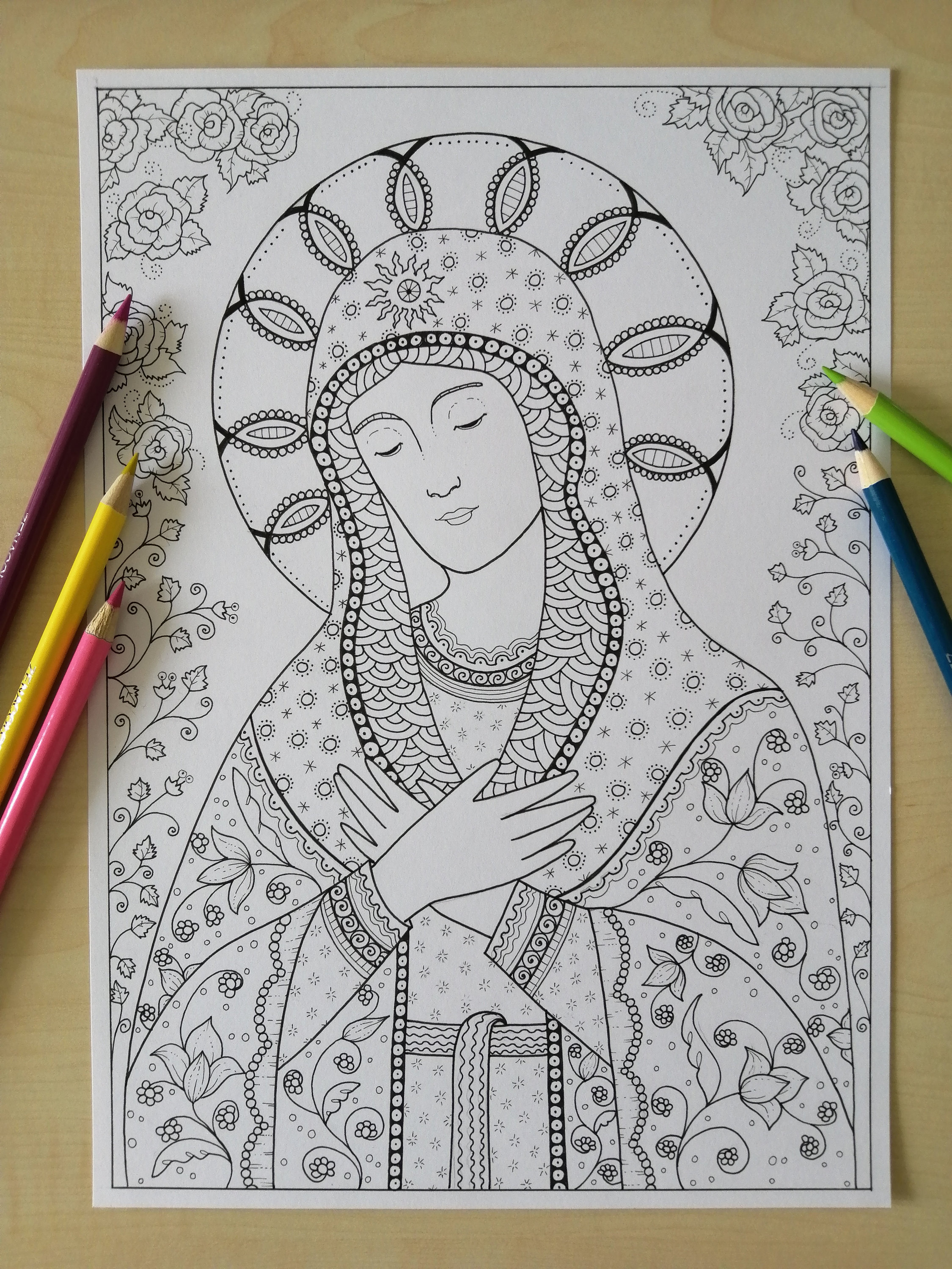 Virgin mary coloring page for adults jpg printable zentangle instant download catholic art bibartworkshop