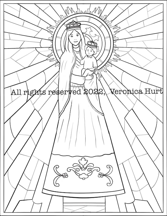 Our lady of the pillar nuestra seãora del pilar blessed virgin mary coloring page stained glass style for kids and adults