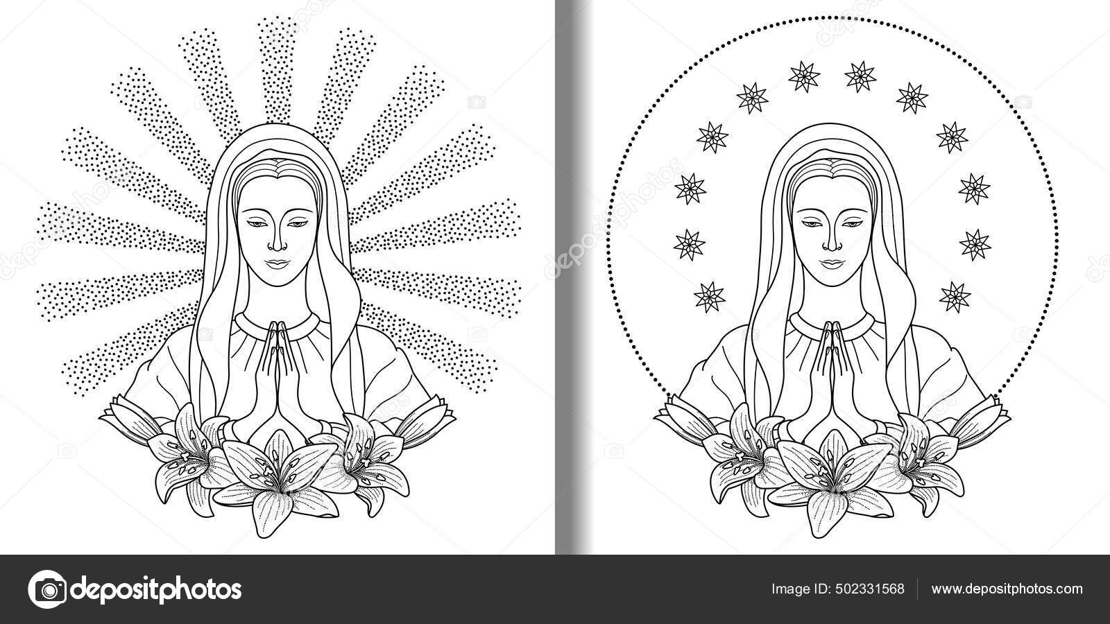 Praying virgin mary stars rays lilies print set outline religious stock vector by kronalux