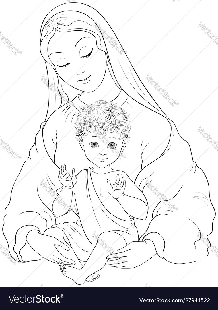 Virgin mary with child jesus cartoon coloring page