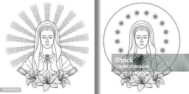 Praying virgin mary with lilies print set stock illustration