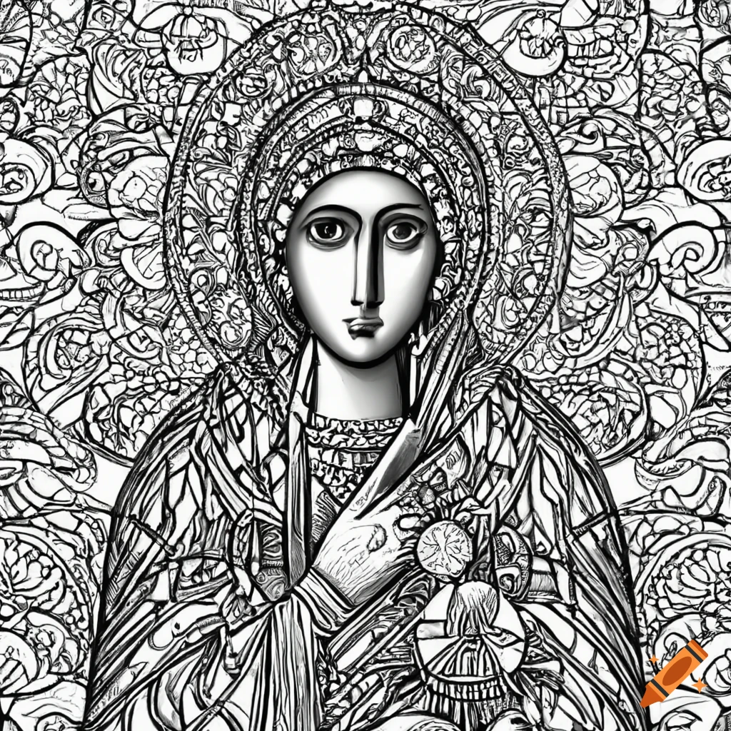 Black and white colouring page of orthodox icon of the virgin mary holding jesus on