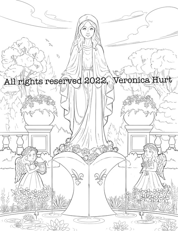 The blessed virgin mary flower garden coloring page for kids