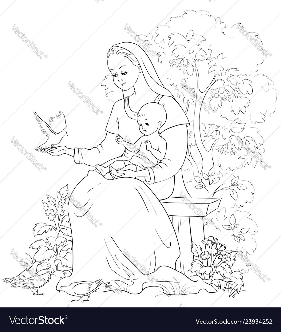 Mother mary with baby jesus coloring page vector image