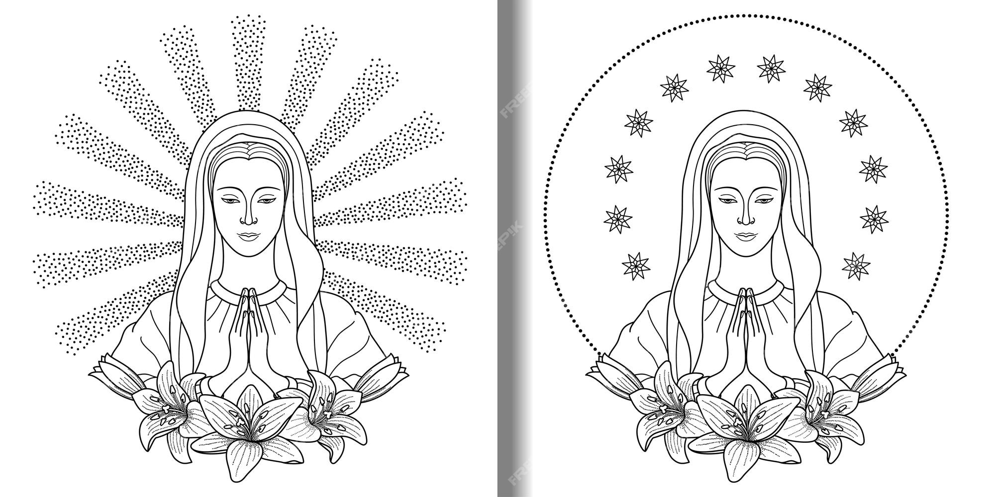 Premium vector praying virgin mary with lilies print set