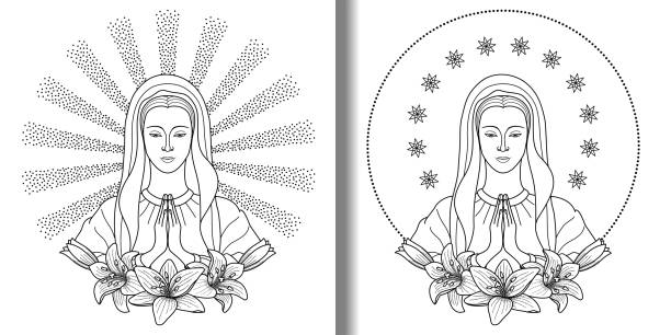 Praying virgin mary with lilies print set stock illustration