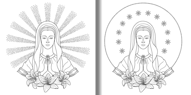 Premium vector praying virgin mary with lilies print set