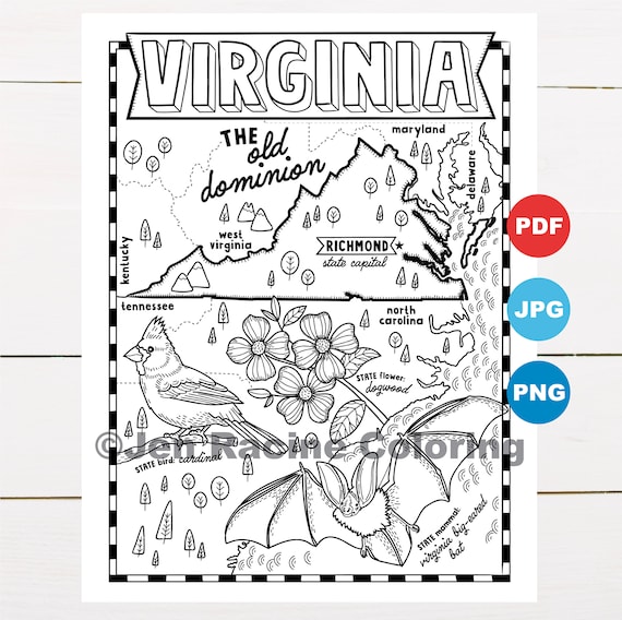 Virginia coloring page united states state map wildlife state symbols flowers coloring pages instant download