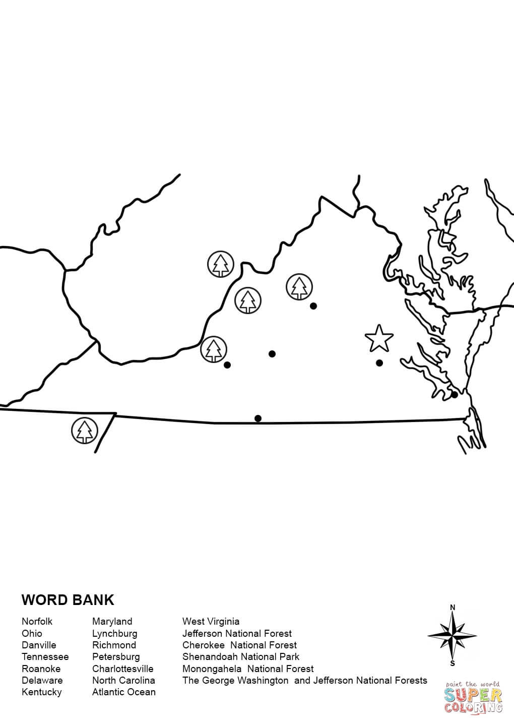 Virginia map worksheet coloring page free printable coloring pages